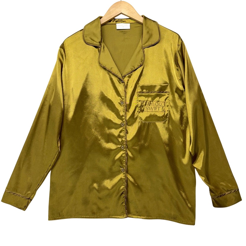Taylor Swift Fearless Satin Pajama Top Gold Chartreuse Button Up Sleep Shirt M